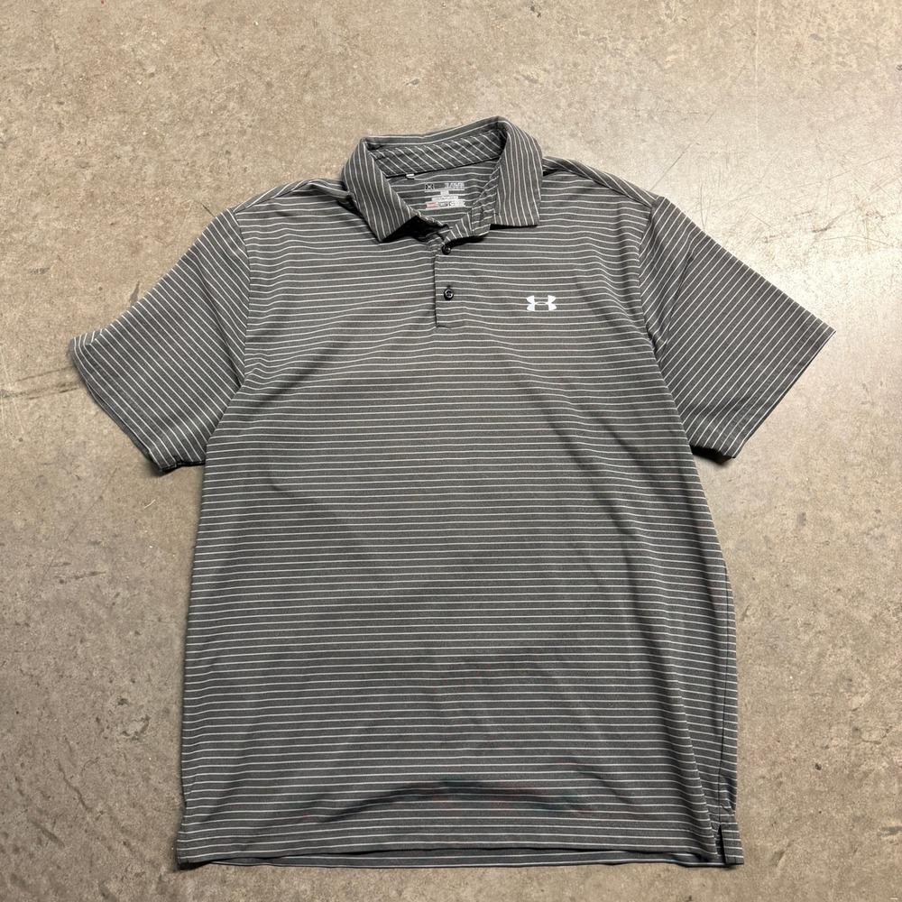 Under Armour Mens Polo Shirt XL Gray Striped Loose Fit Golf Short Sleeve
